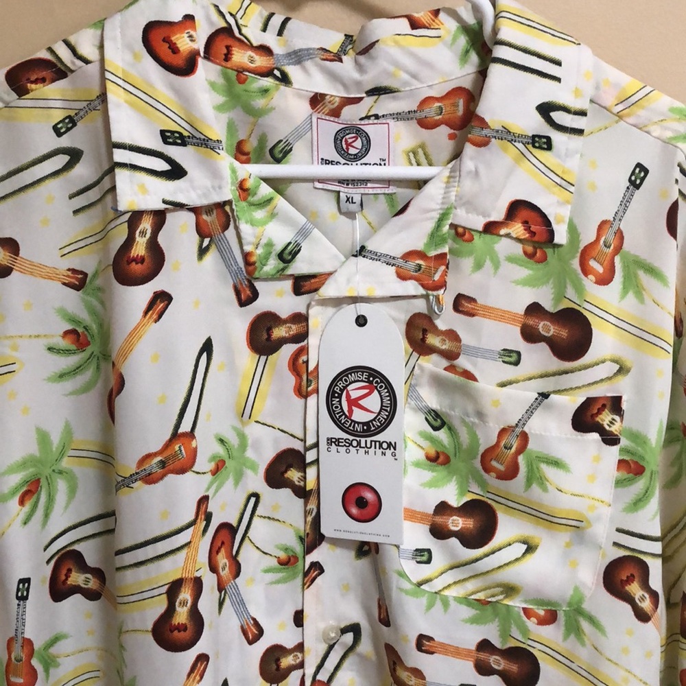 New One Resolution Hawaiian Guitar Button Up Shirt